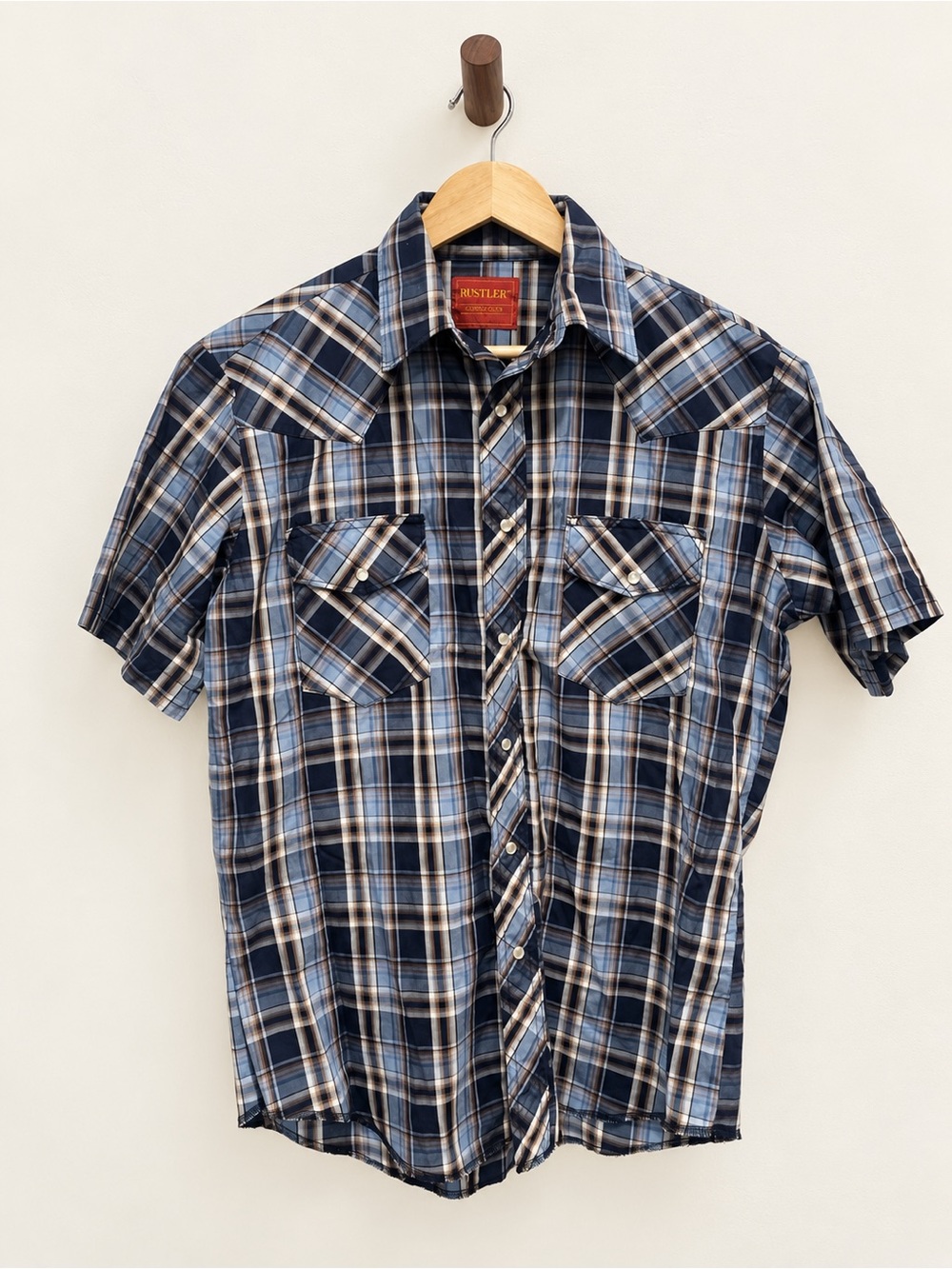 Rustler Men’s Medium Blue Plaid Pearl Snap Short Sleeve Western Shirt